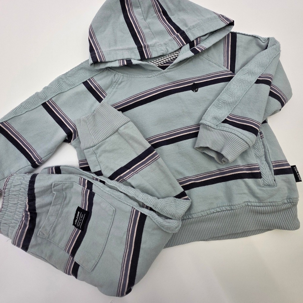 VOLCOM 2 PIECE HOODIE SWEATPANT SET BOYS 3T BLUE STRIPED FRENCH TERRY MATCHING